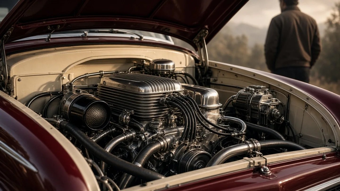 Fictional engine-bay editorial illustration